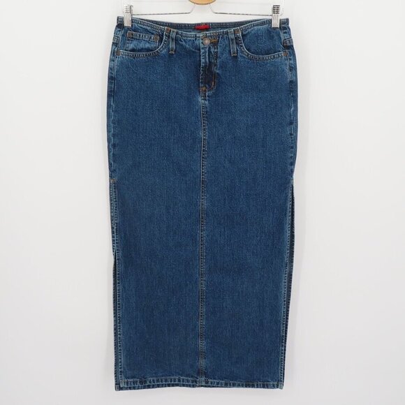 Mossimo Juniors 7 Blue Jean Denim Maxi Skirt Side Slits Pockets Y2K All Cotton - Picture 10 of 11